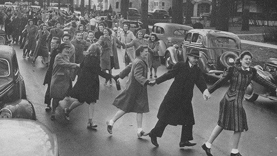 Picture of students dancing in the streets of Evanston